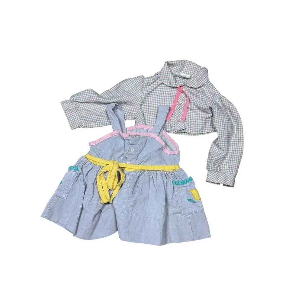Vintage 70s Pastel Blue Pink Tulip Corduroy Romper + Plaid Shirt Set Baby 2T